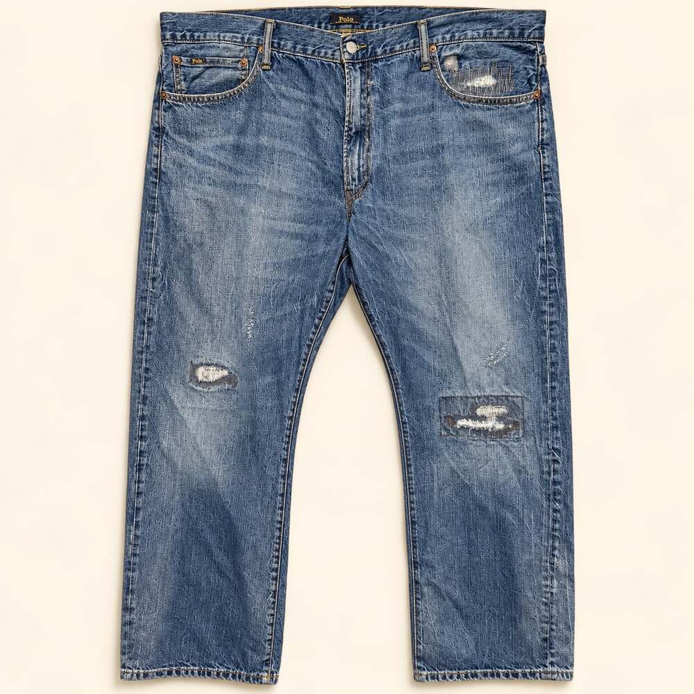 Polo Ralph Lauren Varick 42x30 Distressed Patchwork Slim Straight Jeans